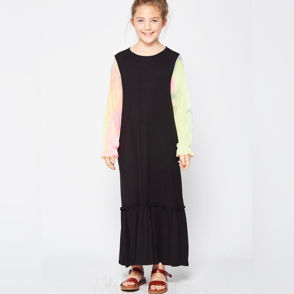 Girl’s Tie dye organza sleeve maxi dress NWT Black